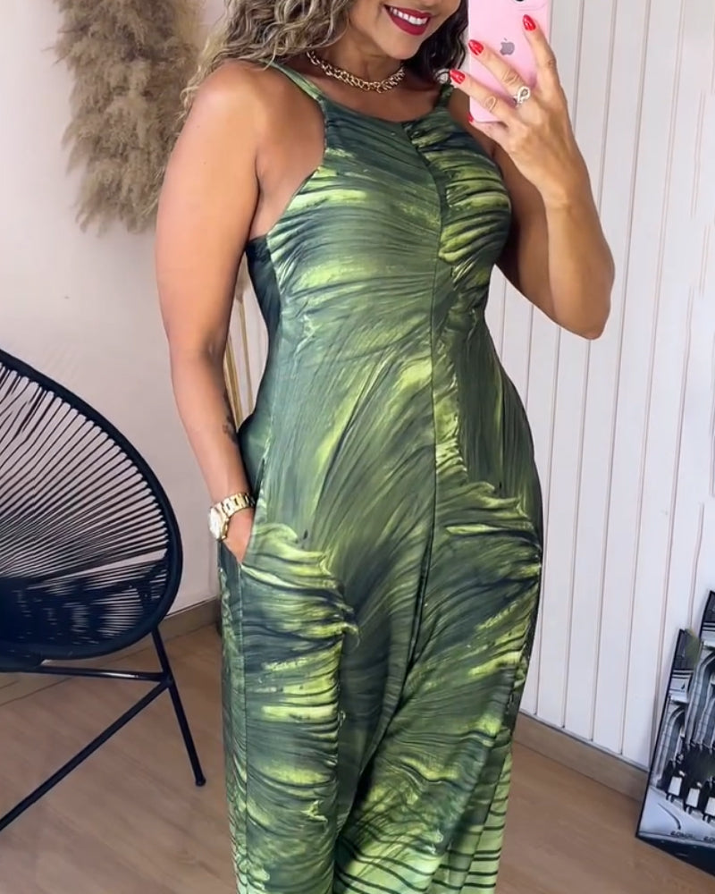 Floral Print U Neck Sleeveless Zipper Jumpsuit with Pocket