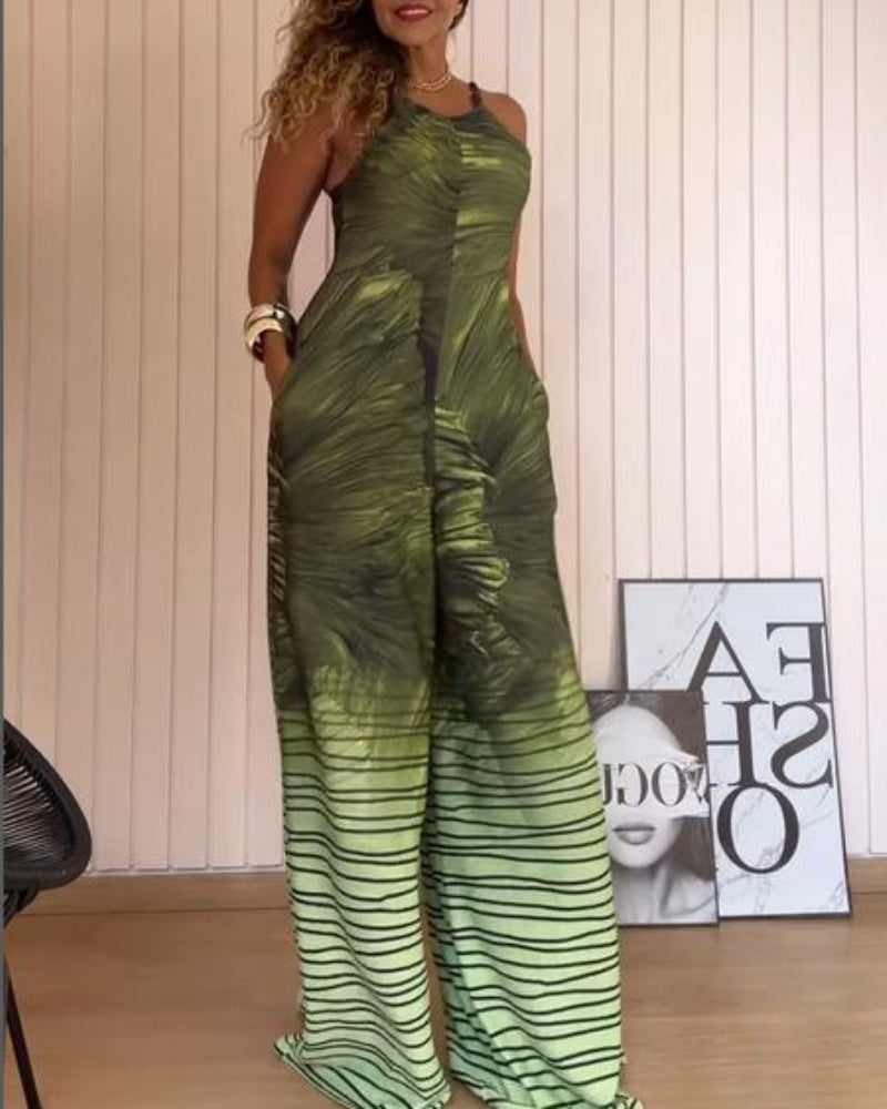 Floral Print U Neck Sleeveless Zipper Jumpsuit with Pocket