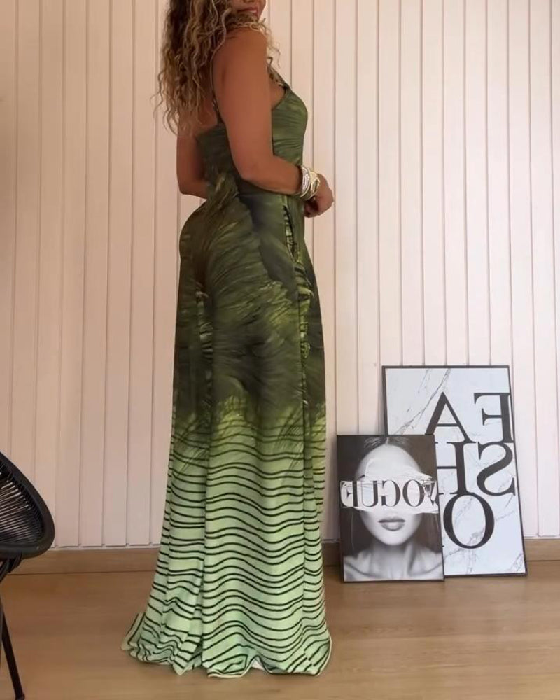 Floral Print U Neck Sleeveless Zipper Jumpsuit with Pocket