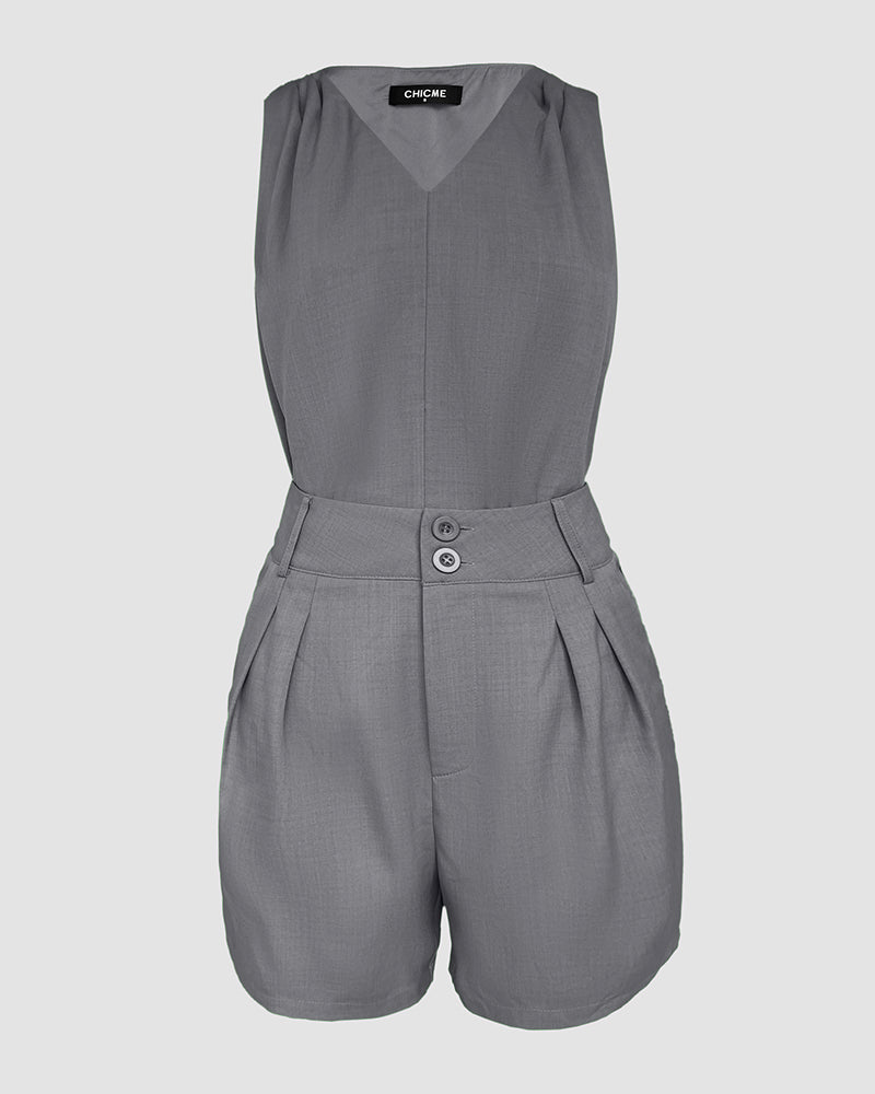 2 Pieces Summer Outfits V Neck Sleeveless Ruched Tank and Casual Pocket Design Shorts Set