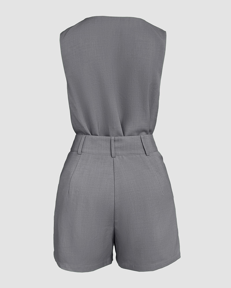 2 Pieces Summer Outfits V Neck Sleeveless Ruched Tank and Casual Pocket Design Shorts Set