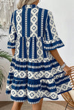 Blue Geometric Print V Neck Ruffled Dress