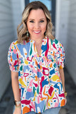 White Abstract Print Shirred Cuff Puff Sleeve Plus Size Blouse