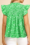 Green Floral Flutter Sleeve Shirred Notched Neck Plus Size Blouse