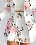 Floral Print Puff Sleeve Double Breasted Blazer Coat & Skirt Set