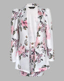 Floral Print Puff Sleeve Double Breasted Blazer Coat & Skirt Set