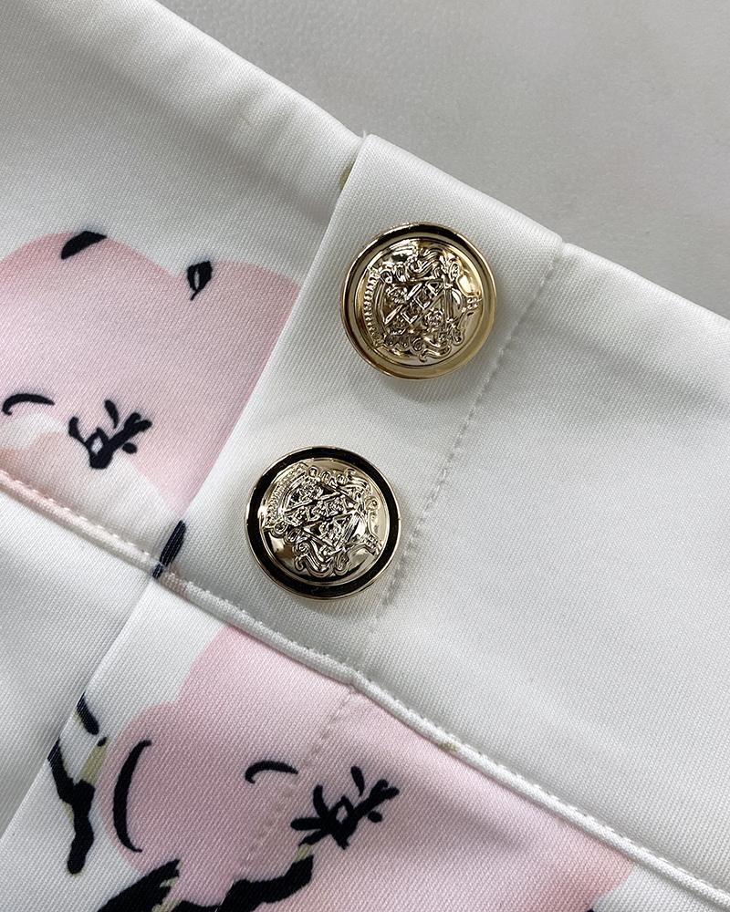 Floral Print Puff Sleeve Double Breasted Blazer Coat & Skirt Set