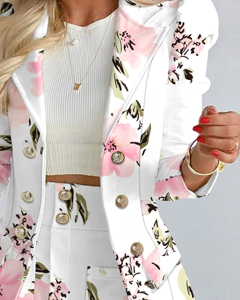 Floral Print Puff Sleeve Double Breasted Blazer Coat & Skirt Set