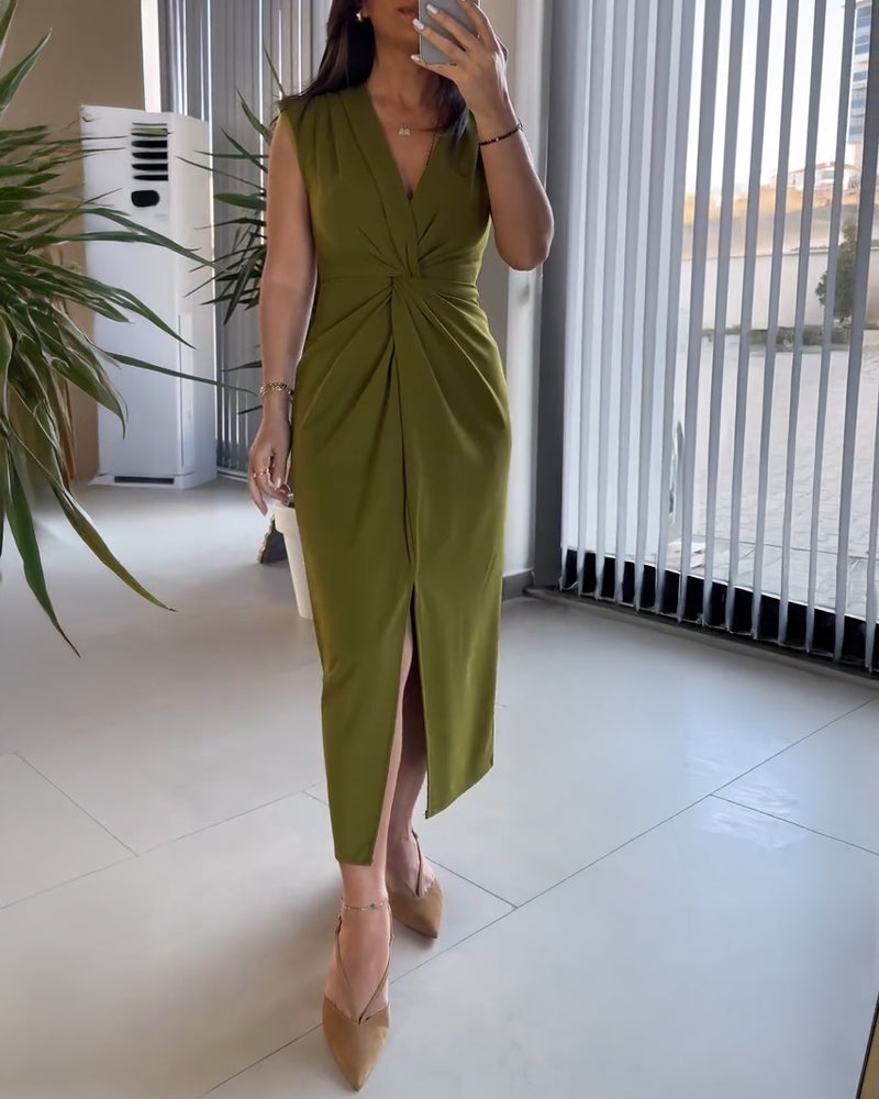 Plunge Sleeveless Slit Twist Dress