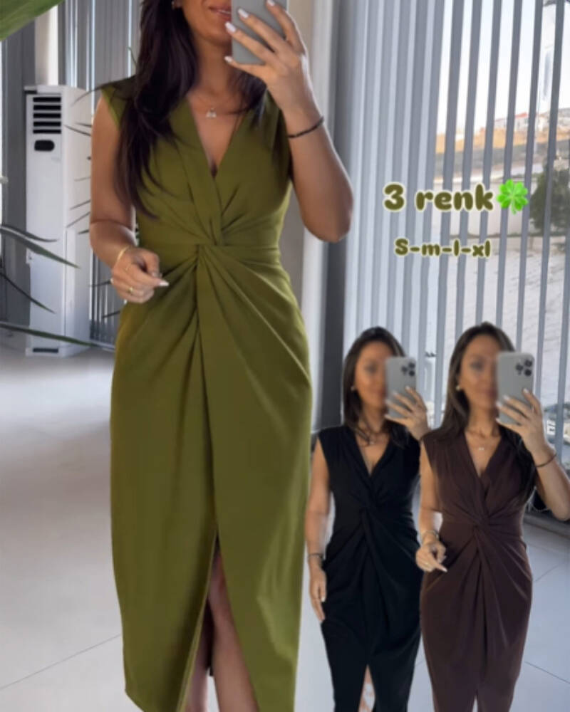 Plunge Sleeveless Slit Twist Dress