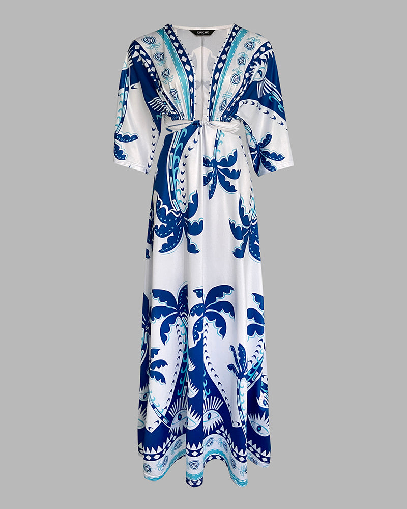 Tropical Print Plunge V Neck Waist Cutout Boho Maxi Dress Three Quarters Tied Detail Elastic Waist Back Vacation Dress