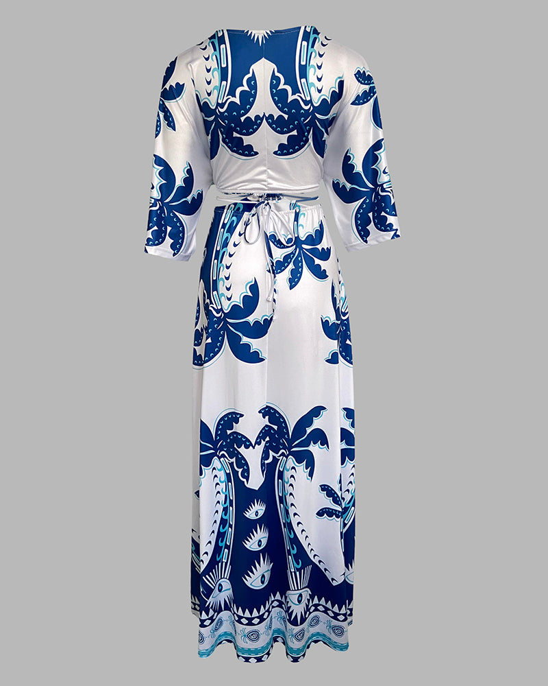 Tropical Print Plunge V Neck Waist Cutout Boho Maxi Dress Three Quarters Tied Detail Elastic Waist Back Vacation Dress