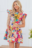 Pink Abstract Printed Ruffled Flutter Sleeve Tiered Mini Dress