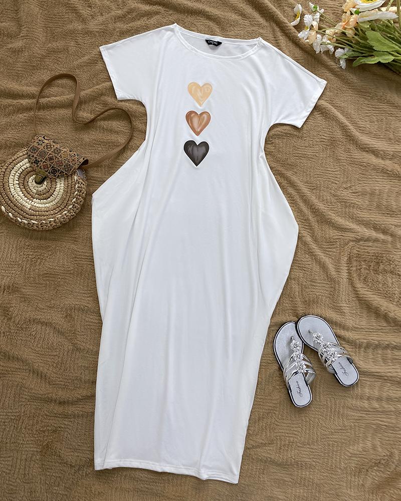 Heart Pattern Cold Shoulder Short Sleeve Maxi Dress Casual Pocket Design Loose Fit Dress