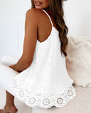 U Neck Spaghetti Strap Eyelet Embroidery Cami Top Double Layer Scallop Hem Casual Tank