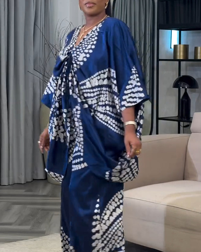 2 Pieces Outfit Colorblock Geometric Print Three Quarters Twist Blouse Top and Casual Wide Leg Pants Set