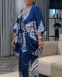 2 Pieces Outfit Colorblock Geometric Print Three Quarters Twist Blouse Top and Casual Wide Leg Pants Set