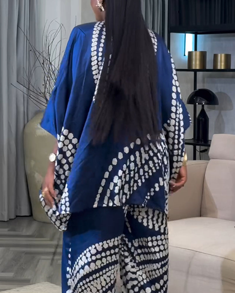 2 Pieces Outfit Colorblock Geometric Print Three Quarters Twist Blouse Top and Casual Wide Leg Pants Set