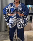 2 Pieces Outfit Colorblock Geometric Print Three Quarters Twist Blouse Top and Casual Wide Leg Pants Set