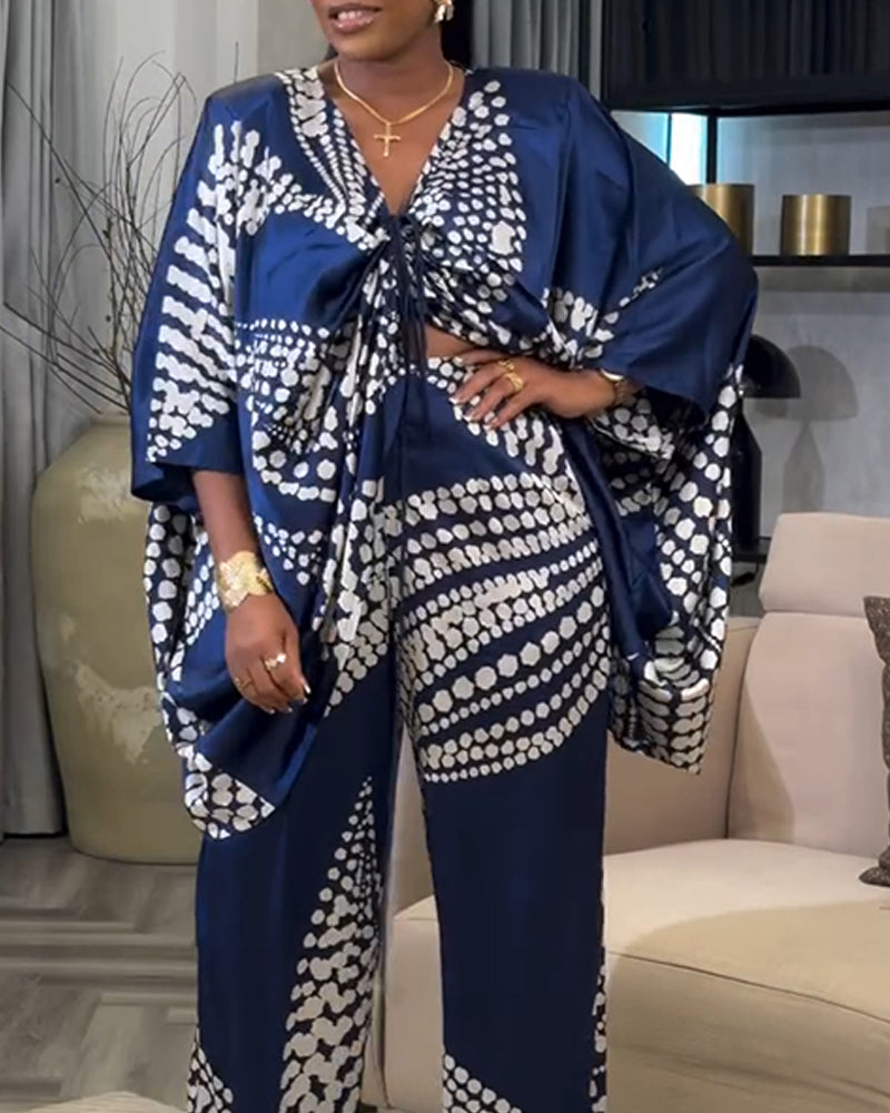 2 Pieces Outfit Colorblock Geometric Print Three Quarters Twist Blouse Top and Casual Wide Leg Pants Set