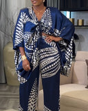 2 Pieces Outfit Colorblock Geometric Print Three Quarters Twist Blouse Top and Casual Wide Leg Pants Set