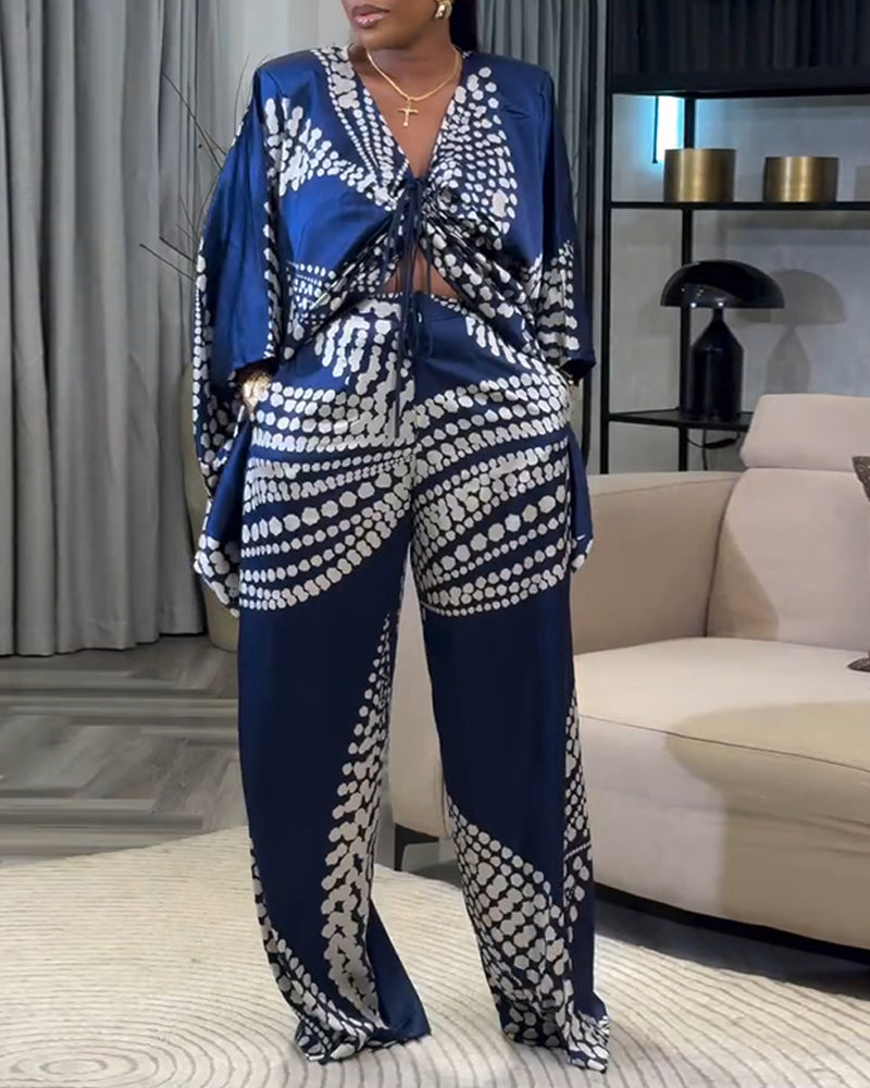 2 Pieces Outfit Colorblock Geometric Print Three Quarters Twist Blouse Top and Casual Wide Leg Pants Set