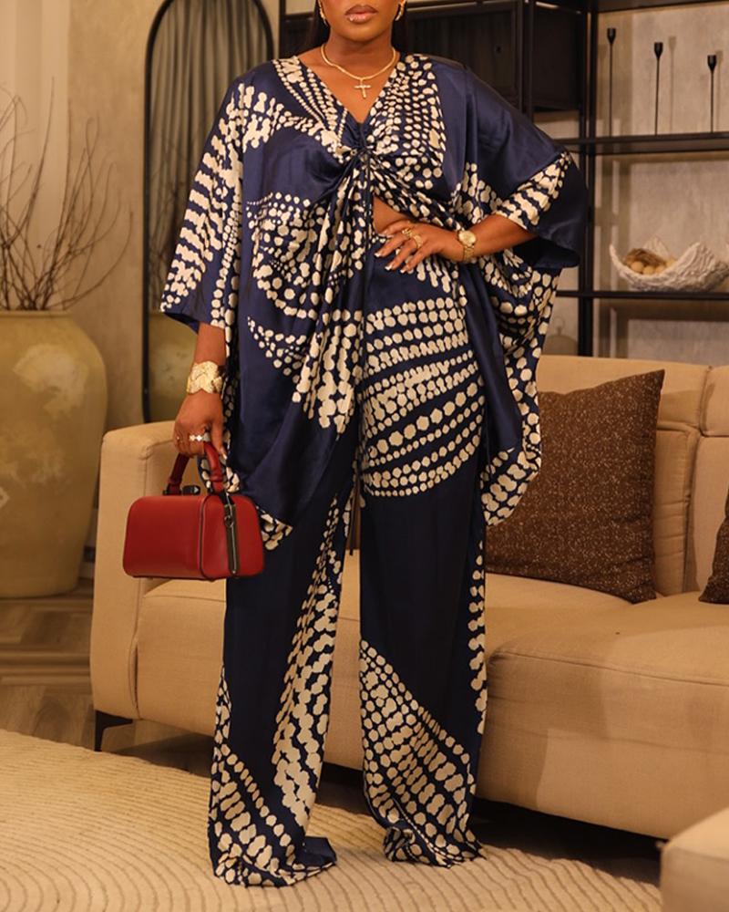 2 Pieces Outfit Colorblock Geometric Print Three Quarters Twist Blouse Top and Casual Wide Leg Pants Set