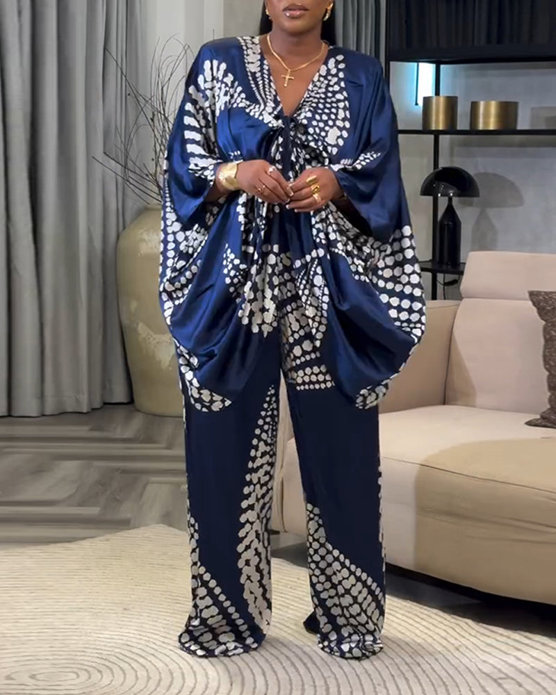 2 Pieces Outfit Colorblock Geometric Print Three Quarters Twist Blouse Top and Casual Wide Leg Pants Set