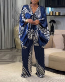 2 Pieces Outfit Colorblock Geometric Print Three Quarters Twist Blouse Top and Casual Wide Leg Pants Set