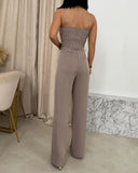 2 Pieces Outfit Metal Button Decor Spaghetti Strap Shirred Top and Casual Business Wide Leg Pants Set