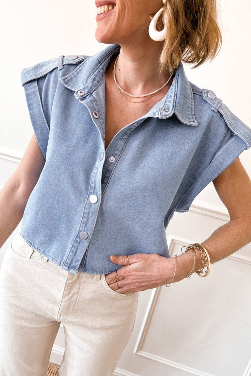 Dusk Blue Denim Pinup Folded Cap Sleeve Shirt