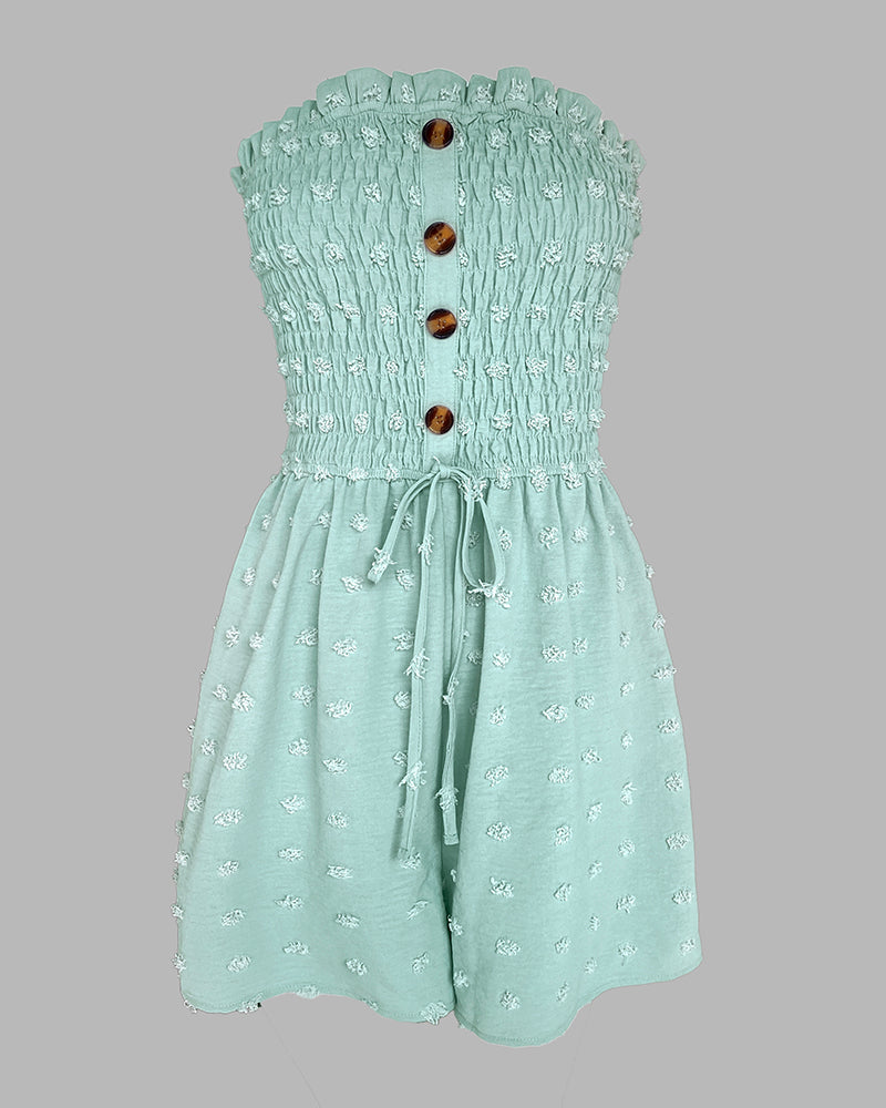 Polka Dot Bandeau Sleeveless Shirred Rompers Casual Button Decor Tied Detail Short Jumpsuit