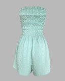 Polka Dot Bandeau Sleeveless Shirred Rompers Casual Button Decor Tied Detail Short Jumpsuit