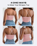 Spaghetti Strap Built in Bra Slim Fit Tank Top Sexy Back Criss Cross Workout Camisole Tops