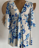 Floral Print Plunge V Neck Bell Sleeve Romper Casual Strechy Waist Button Design Jumpsuit