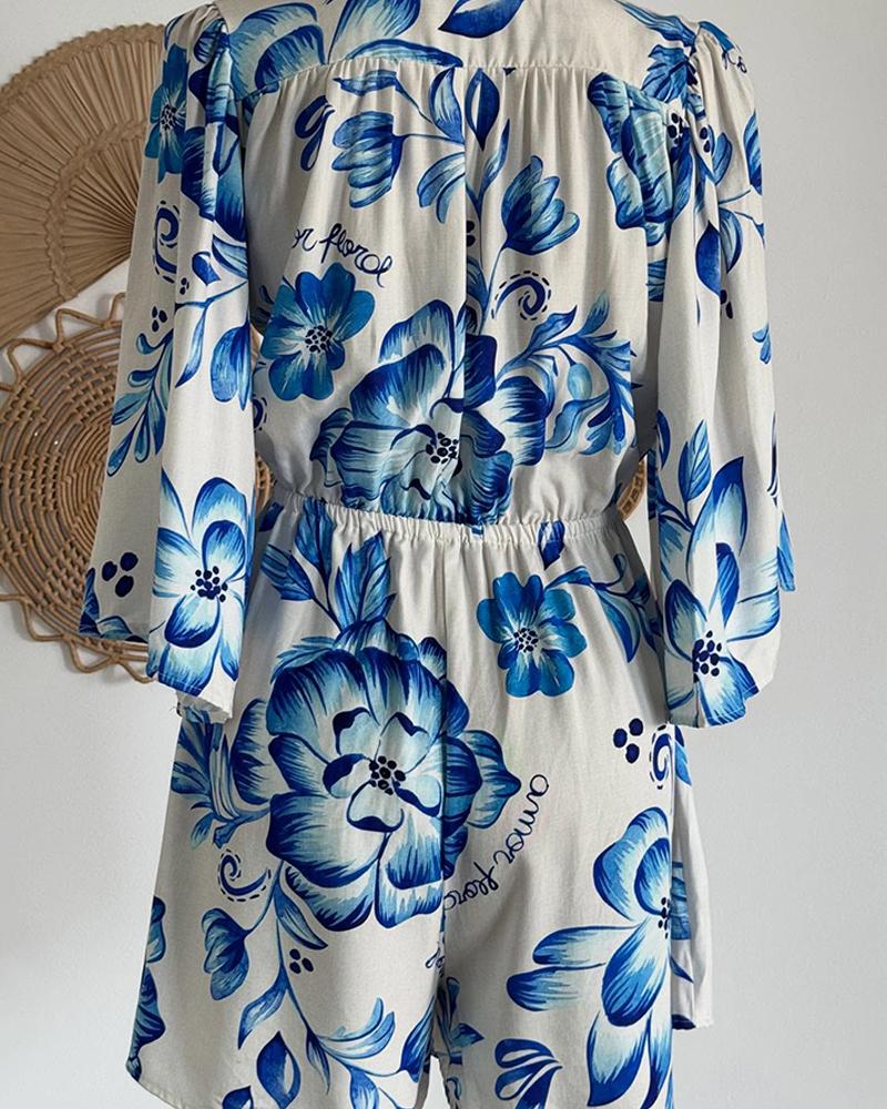 Floral Print Plunge V Neck Bell Sleeve Romper Casual Strechy Waist Button Design Jumpsuit