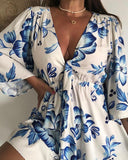Floral Print Plunge V Neck Bell Sleeve Romper Casual Strechy Waist Button Design Jumpsuit