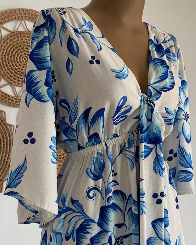 Floral Print Plunge V Neck Bell Sleeve Romper Casual Strechy Waist Button Design Jumpsuit