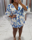 Floral Print Plunge V Neck Bell Sleeve Romper Casual Strechy Waist Button Design Jumpsuit