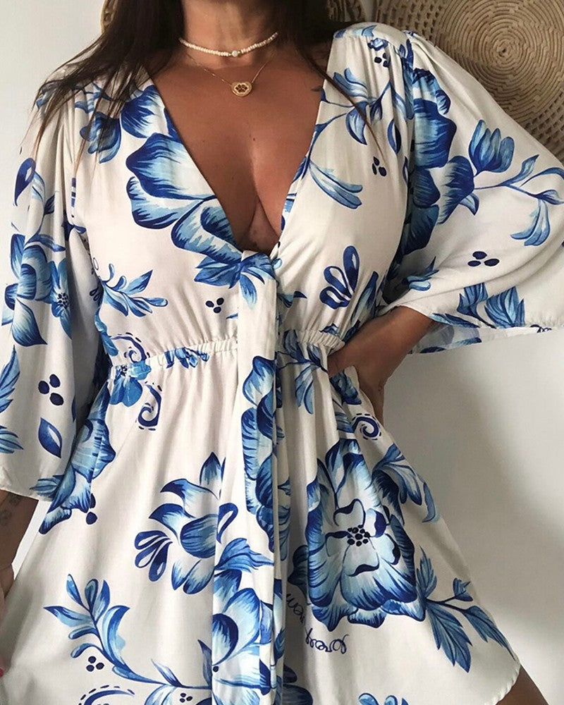 Floral Print Plunge V Neck Bell Sleeve Romper Casual Strechy Waist Button Design Jumpsuit