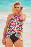 Purple Floral Print O Neck Open Back One Piece Swimsuit