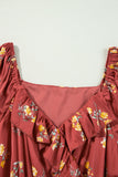 Red Clay Floral Print Shirred Waist Ruffled Trim V Neck Mini Dress