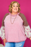 Pink Checkered Paisley Patchwork Raglan Sleeve Seamed Plus Size Top