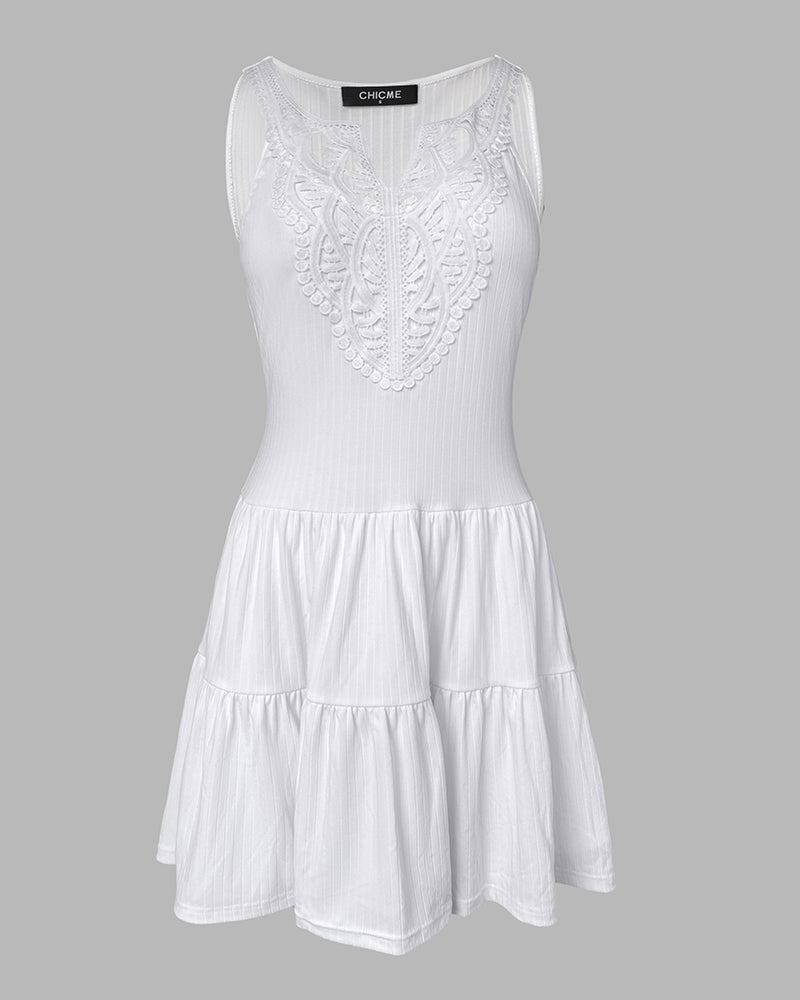 V Neck Sleeveless Lace Patchwork A Line Dress