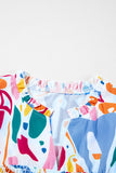 White Abstract Print Shirred Cuff Puff Sleeve Plus Size Blouse