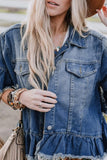 Peacock Blue Ruffled Frayed Short Sleeve Plus Size Denim Jacket