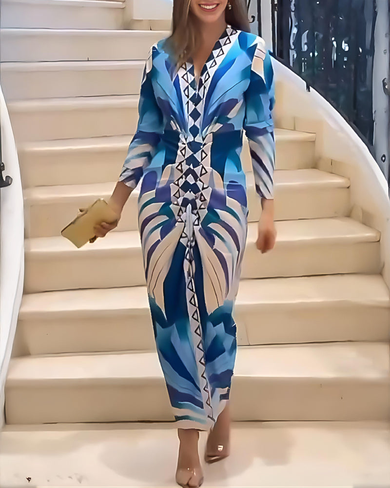 Geometric Print Plunge V Neck Long Sleeve Bodycon Midi Dress Casual Slim Fit Ruched Slit Dress