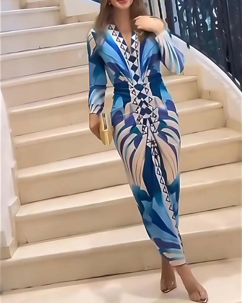 Geometric Print Plunge V Neck Long Sleeve Bodycon Midi Dress Casual Slim Fit Ruched Slit Dress