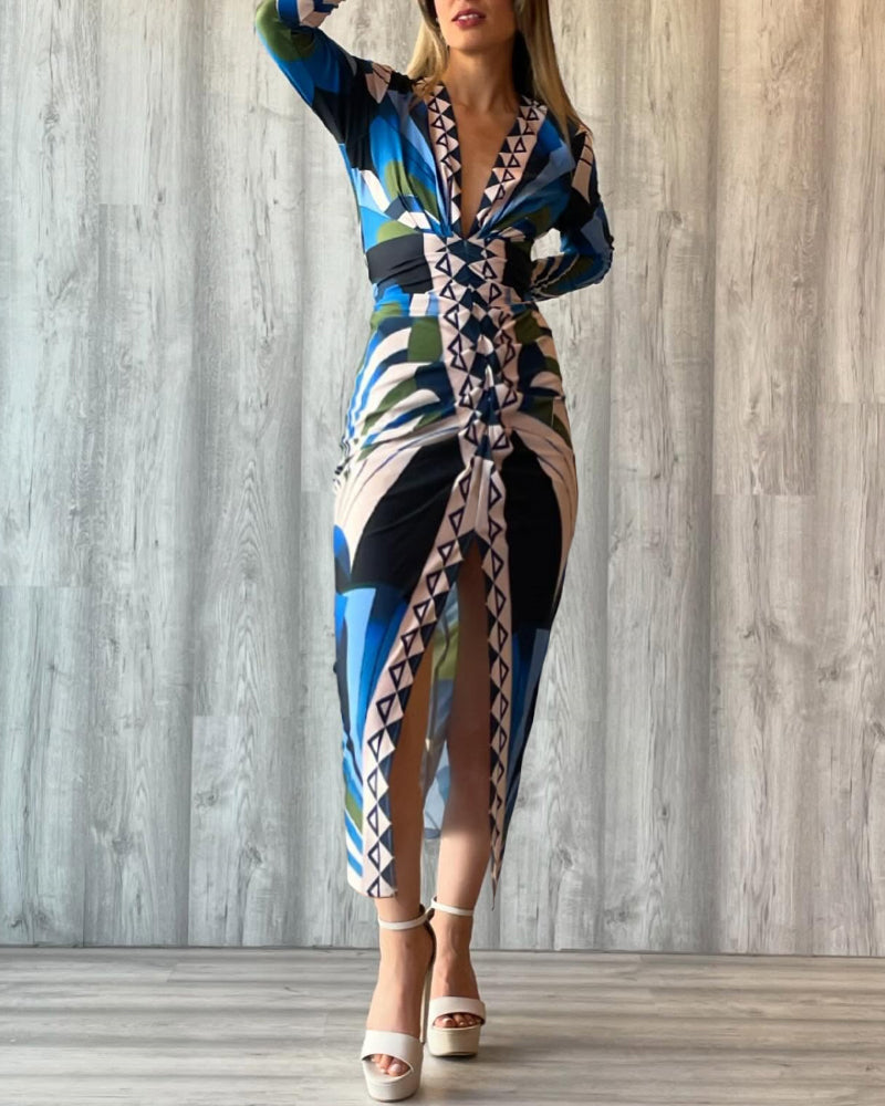 Geometric Print Plunge V Neck Long Sleeve Bodycon Midi Dress Casual Slim Fit Ruched Slit Dress