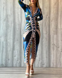 Geometric Print Plunge V Neck Long Sleeve Bodycon Midi Dress Casual Slim Fit Ruched Slit Dress